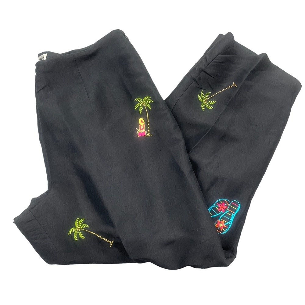 Allison Taylor‎ 10 Black Embroidered Cocktail Pants 100% Silk Side Zip